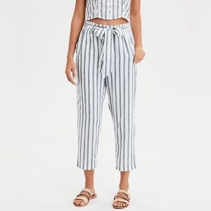 AE Tie Waist Paperbag Cotton Linen Striped Pants - Blue/White, Small